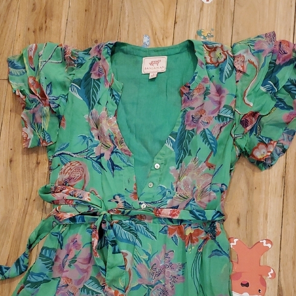 Banjanan Pink Green Sundress with Flutter Sleeves and Ruffled Hem - Picture 4 of 6